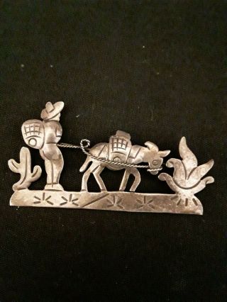 Vintage Plata 925 Sterling Silver Mexico Donkey Cactus Scenery Brooch Pin