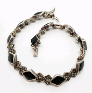 Vintage Signed 925 Sterling Silver Black Onyx & Marcasite Modernist X ' s Bracelet 2