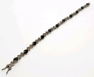 Vintage Signed 925 Sterling Silver Black Onyx & Marcasite Modernist X ' s Bracelet 4