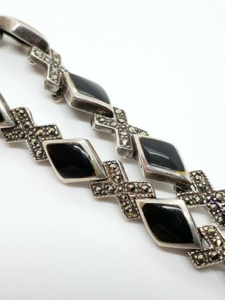 Vintage Signed 925 Sterling Silver Black Onyx & Marcasite Modernist X ' s Bracelet 5