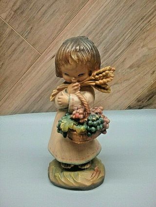 Vtg Anri Italy Wood Carving 6 - 1/2 " Harvest Girl W Grapes Basket Wheat 1130/1500