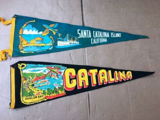 2 Vintage Santa Catalina Island Avalon Bay Felt Pennants Look