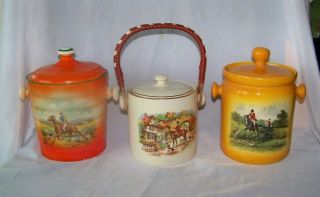 2 Vintage Czech & 1 England Ceramic Canisters W Horse Scenes