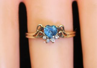 Vintage Estate 10k Gold.  30 Ct Blue Topaz Heart & Diamond Accent Ring Not Scrap