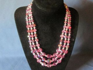 Vintage Silver - Tone Metal 3 Strand Pink Aurora Borealis Crystal Bead Necklace