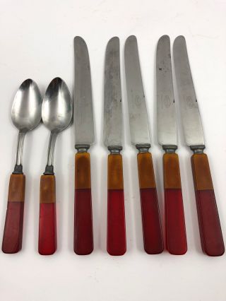 Vintage Two Tone Bakelite Handle Red Butterscotch Kitchen Flatware Knives Spoons