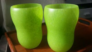 Pair Green Art Glass Vases Flecked Frosted Matt Planters Pots Jardiniere Vintage