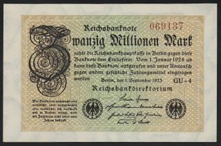 1923 20 Million Mark Germany Vintage Paper Money Banknote Currency P 108c Unc