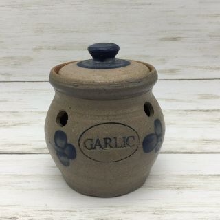 Vintage 1992 Rowe Pottery Garlic Crock With Lid Bj Salt Glaze