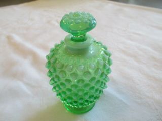 Vintage Fenton Opalescent Green Hobnail Perfume Bottle Vase With Stopper