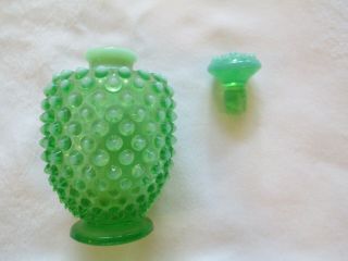 Vintage Fenton Opalescent Green Hobnail Perfume Bottle Vase with Stopper 5