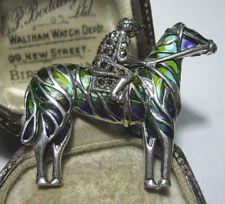 Hallmarked 800 Solid Silver Vintage Style Plique A Jour Horse & Jockey Brooch