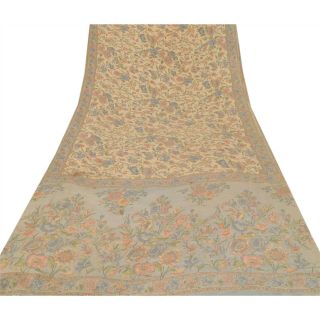 Sanskriti Vintage Peach Saree 100 Pure Crepe Silk Printed Sari Decor Fabric 3