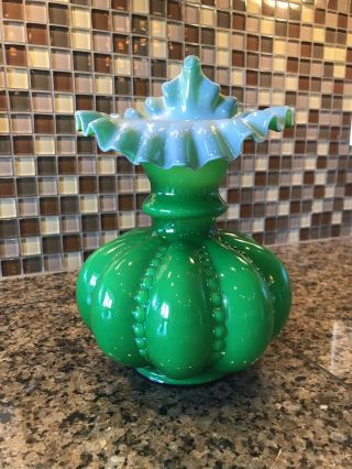 Vintage Fenton Green Overlay Beaded Melon Jack In The Pulpit Vase