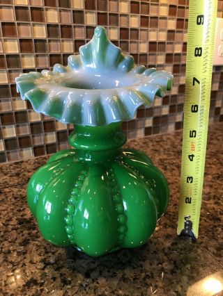 Vintage Fenton Green Overlay Beaded Melon Jack In The Pulpit Vase 2