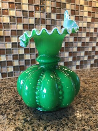 Vintage Fenton Green Overlay Beaded Melon Jack In The Pulpit Vase 3