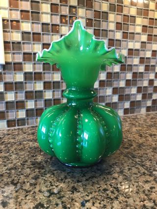 Vintage Fenton Green Overlay Beaded Melon Jack In The Pulpit Vase 4