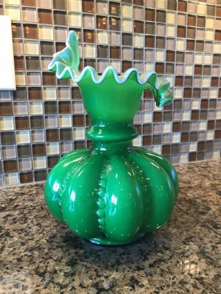 Vintage Fenton Green Overlay Beaded Melon Jack In The Pulpit Vase 5