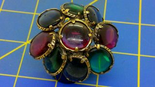 Vintage Signed Trifari Green - Red - Blue Glass Stone Brooch