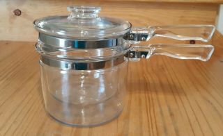 Vintage 3 Piece Pyrex Flameware Glass Double Boiler Pot With Lid 1 1/2 Qt 6283