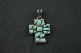 Vintage Sterling Silver Cross Pendant W Turquoise Stones - 5g