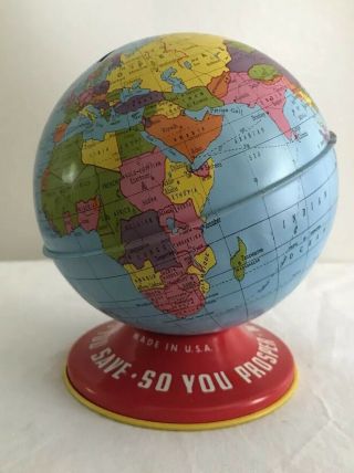 Vintage Ohio Art Co.  World Bank Tin Globe Save So You Prosper -