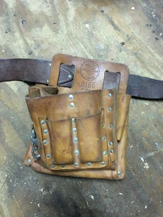 Vtg Klein Tools Electricians Linesmans 10 Pocket Tool Pouch 5165 Leather W/ Belt