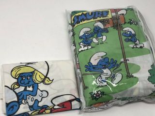 Vintage 80s The Smurfs Twin Size Bed Sheet Set Flat Fitted Pillowcase