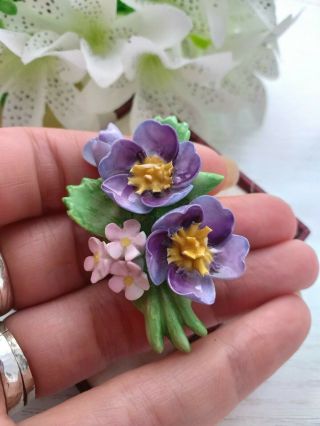 Vintage Old Jewellery - Denton China Flower Posy Brooch With Violets
