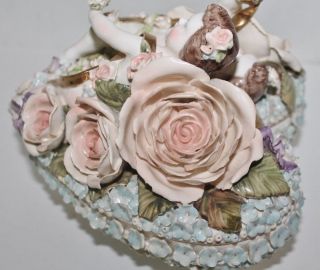 VTG Kobe Dresden Dresser Box w/figurines,  roses,  flowers - Porcelain - 6.  25 