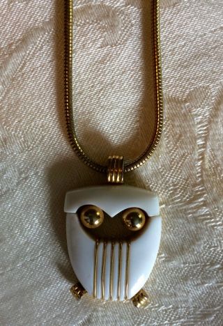 Vintage Crown Trifari Owl Necklace,  Gold Tone Metal Designs On White Plastic