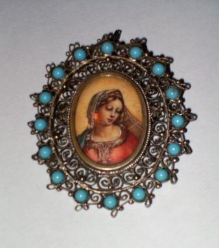 Vintage 800 Silver Filigree Hand Painted Virgin Mary Portrait Brooch
