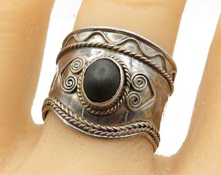 925 Sterling Silver - Vintage Black Onyx Bali Wide Solitaire Ring Sz 10 - R5776