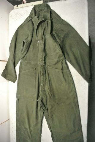 Vintage Mens Military Army Od Green Heavy Cotton Sateen Coveralls (2433)