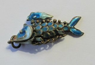 Vintage Sterling Silver Enamel Handmade Flexible Fish On A Hook Pendant