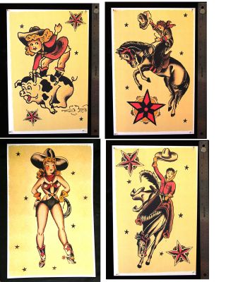 Four Cowboy Texas Large Vintage Sailor Jerry Traditional Tattoo Poster Prints