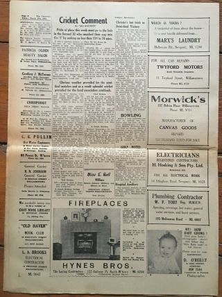 Vintage 1954 WILLIAMSTOWN CHRONICLE Newspaper Melbourne Australian Australia 1 2