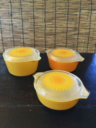 Vintage Pyrex Sunflower Casserole Set Of 3 Orange & Yellow -