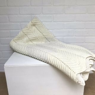 Vintage Hand Crocheted Granny Afghan Blanket Throw Ivory Two Tone Cream Boho