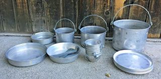 Vintage Old Aluminum Camp Stove Full Set W/ Handles,  Cups,  Plates,  Pots,  Pans