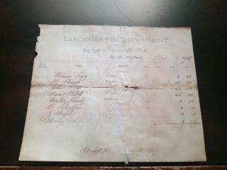 Vintage May 1887 Lancaster,  Pa Fire Department Engine No.  2 Pay Roll Letter