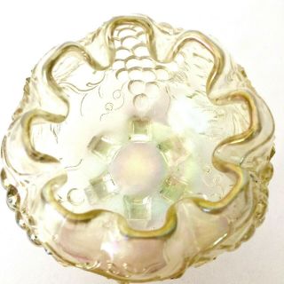 Vintage Iridescent Carnival Glass Footed Rose Bowl Ruffled Top Grapes and Leaves 3