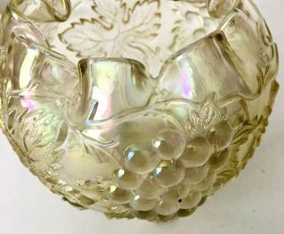 Vintage Iridescent Carnival Glass Footed Rose Bowl Ruffled Top Grapes and Leaves 4