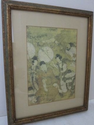 Chinese Nobility Vintage Folk Art Lithograph Print Matted In Green Frame 13x17