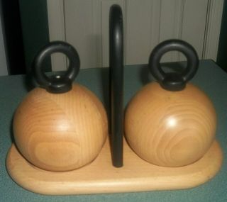 Vtg Modern Bodum C.  Jorgensen Wood Salt & Pepper Shaker Set W/ Stand Holder