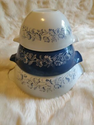 Vintage Pyrex Blue Colonial Mist Cinderella Mixing Bowl Set,  441,  442,  443,