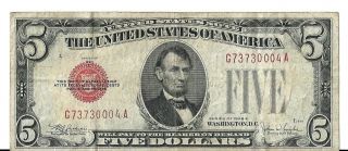 $5 Dollar 1928 Red Seal Series Of E Us Legal Tender Note Bill Vintage Money