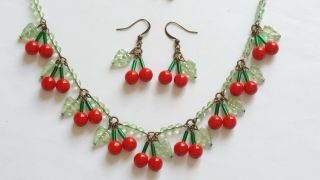 Czech Cherry Glass Bead Necklace/earrings Set Vintage Deco Style