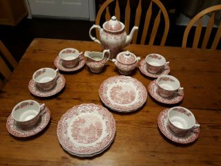 Vintage Ridgway 23 - Piece Red Woburn Tea Set For 6 W Plates Stafforfshire England