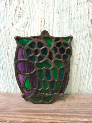 Vintage Stained Glass Owl Trivet Retro Farmhouse Decor Purple Blue Green Metal 2
